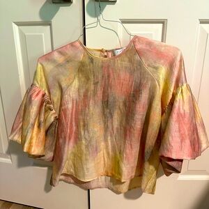 Chic Pink and Yellow Ruffled Blouse with 3/4 Sleeves. Hunter Bell.